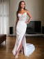 Sheath Column V Neck Court Train Stretch Crepe Wedding Dresses With Leg Slit