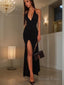 Sheath Column V Neck Floor Length Satin Prom Dresses With Leg Slit