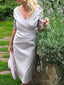 Sheath Column V Neck Knee Length Satin Mother of the Bride Dresses With Ruffles