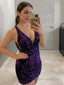 Sheath Column V Neck Short Mini Velvet Sequins Homecoming Dresses