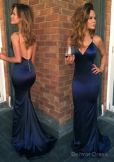 Sheath/Column V Neck Spaghetti Straps Sweep Train Charmeuse Prom Dresses