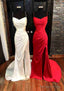 Sheath Column V Neck Spaghetti Straps Sweep Train Satin Prom Dresses With Pleated Split
