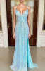 Sheath Column V Neck Spaghetti Straps Sweep Train Sequined Prom Dresses With Split
