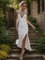 Sheath Column V Neck Sweep Train Stretch Crepe Wedding Dresses With Leg Slit