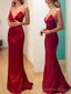 Sheath Column V Neck Sweep Train Elastic Woven Satin Prom Dresses