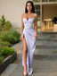 Sheath Column V Neck Sweep Train Elastic Woven Satin Prom Dresses With Leg Slit