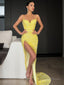Sheath Column V Neck Sweep Train Prom Dresses With Leg Slit