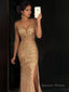 Sheath Column V Neck Sweep Train Jersey Prom Dresses With Leg Slit
