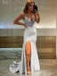 Sheath Column V Neck Sweep Train Jersey Prom Dresses With Leg Slit