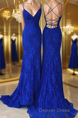 Sheath/Column V-neck Sweep Train Lace Prom Dresses