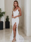 Sheath Column V Neck Sweep Train Lace Wedding Dresses With Leg Slit