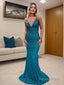 Sheath Column V Neck Sweep Train Prom Dresses With Appliques Lace