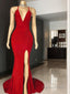 Sheath Column V Neck Sweep Train Prom Dresses With Leg Slit