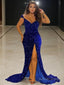 Sheath Column V Neck Sweep Train Sequins Prom Dresses With Leg Slit