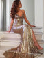 Sheath Column V Neck Sweep Train Sequins Prom Dresses With Leg Slit