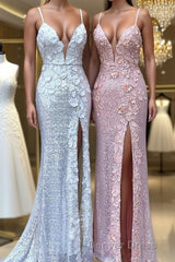 Sheath/Column V-neck Sweep Train Sequins Prom Dresses With Leg Slit
