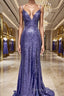 Sheath Column V Neck Sweep Train Sequins Prom Dresses With Leg Slit
