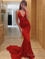Sheath Column V Neck Sweep Train Silk like Satin Prom Dresses