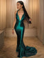 Sheath Column V Neck Sweep Train Silk like Satin Prom Dresses