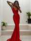 Sheath Column V Neck Sweep Train Silk like Satin Prom Dresses With Leg Slit