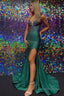 Sheath Deep V Neck Dark Green Long Prom Dresses with Beading