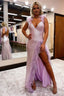 Sheath Deep V Neck Light Pink Sequins Long Prom Dresses with Feathers
