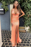 Sheath Deep V Neck Orange Sequins Long Prom Dresses with Split Front