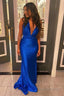 Sheath Deep V Neck Royal Blue Long Prom Dresses with Backless