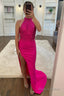Sheath Halter Hot Pink Beading Long Prom Dresses with Open Back