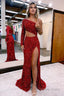 Sheath One Shoulder Red Sequins Long Prom Dresses with Silt
