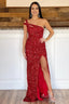 Sheath One Shoulder Red Sequins Long Prom Dresses