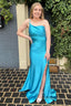 Sheath One Shoulder Sky Blue Long Prom Dresses with Split Front