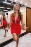 Sheath Satin V neck Feathers Red Short Homecoming Dresses