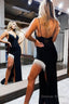 Sheath Spaghetti Straps Black Long Prom Dresses with Tassel