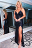 Sheath Spaghetti Straps Black Sequins Long Prom Dresses with Silt