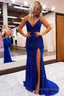 Sheath Spaghetti Straps Blue Sequins Long Prom Dresses with Silt