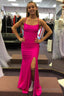 Sheath Spaghetti Straps Hot Pink Long Prom Dresses with Silt