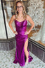 Sheath Spaghetti Straps Purple Sequins Long Prom Dresses with Split Front