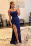 Sheath Spaghetti Straps Royal Blue Sequins Long Prom Dresses with Split Front
