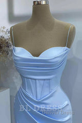 Sheath Spaghetti Straps Satin Pleated Light Blue Long Formal Dresses Bridesmaid Dresses Evening Gown Prom Dresses With Slit