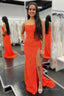 Sheath Strapless Orange Sequins Long Prom Dresses with Split Front