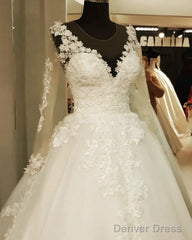 Sheer Long Sleeves Princess Wedding Gowns Lace Appliques