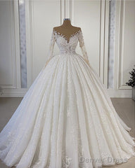 Sheer Neck Lace Wedding Dress Ball Gown Long Sleeves