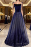 Shining Navy Blue Suede Fine Shoulder Strap Sleeveless Off Shoulder Prom Dress With Navy Blue A Line Princess Sequin Backless And Ground Length Ruffled Edge For Prom Dresses