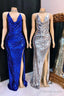 Shinning Sequins V Neck Sleeveless Front Slit Mermaid Prom Dresses