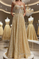 Shiny A Line Spaghetti Straps Gold Prom Dresses Long, Sweetheart Neck Golden Formal Dresses, Gold Tulle Evening Dresses WT1856