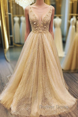 Shiny A Line V Neck Champagne Flowers Long Prom Dresses, Champagne V Neck Long Formal Evening Dresses