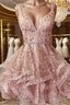 Shiny A Line V Neck Short Champagne Lace Prom Dress, Short Champagne Lace Prom Homecoming Dresses