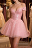 Shiny Beadings Off the Shoulder Pink Short Homecoming Prom Dress, Off Shoulder Pink Beaded Prom Graduation Prom Dresses