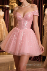Shiny Beadings Off the Shoulder Pink Short Homecoming Prom Dresses, Off Shoulder Pink Beaded Formal Graduation Evening Dresses